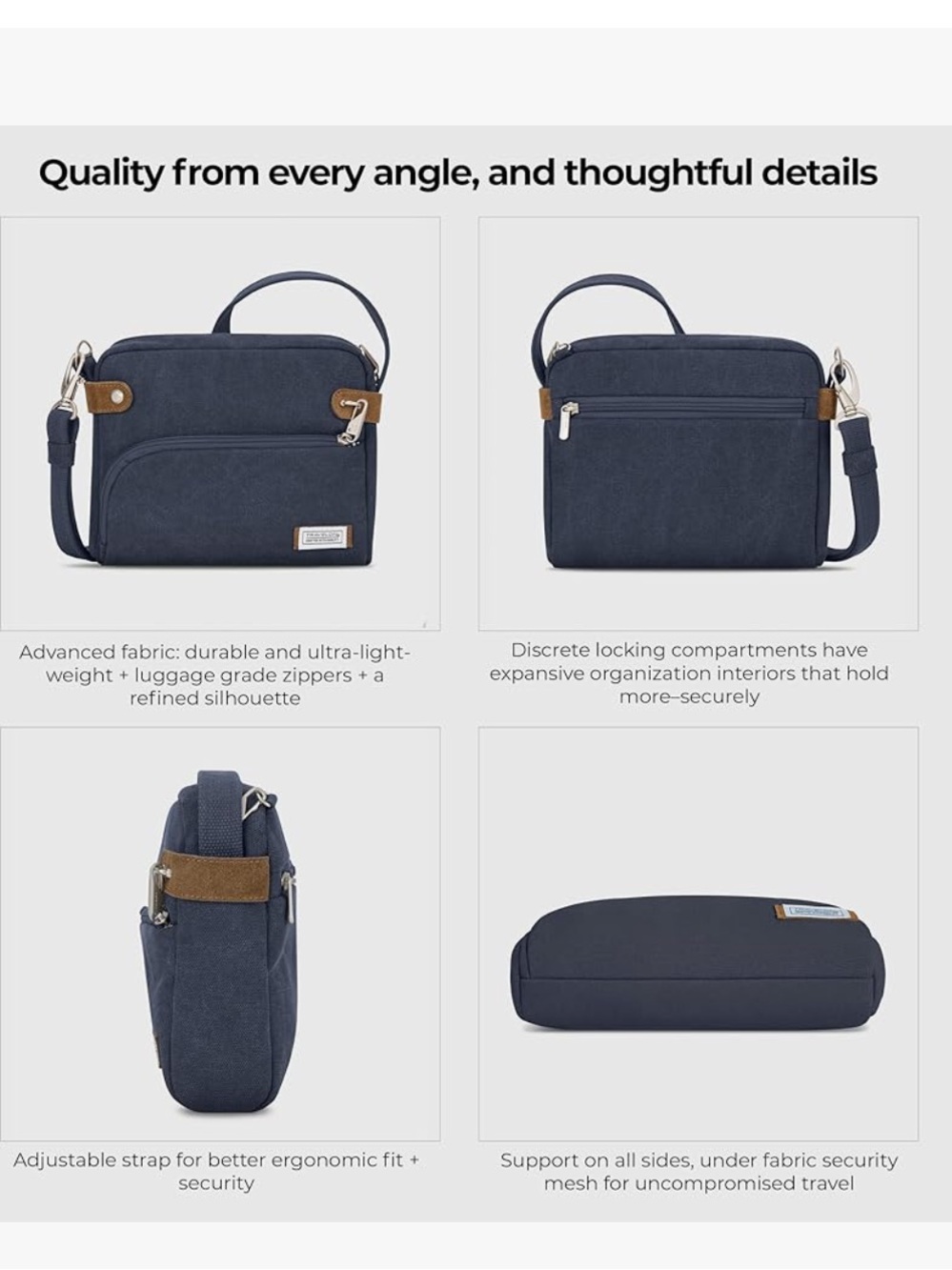 Travelon Navy Blue Canvas Messenger Bag with Tan Accents - Picture 12 of 12